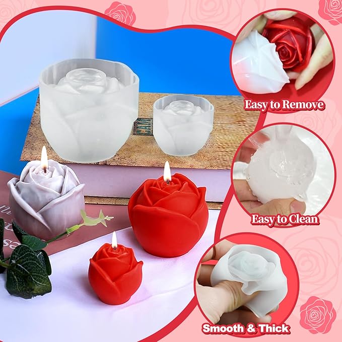2 Pack Rose Candles Molds for Candle Making, 3D Rose Flower Silicone Molds for DIY Epoxy Resin Casting Handmade Soap Ice Valentine's Day Mother's Day Marriage Proposal Theme Home Decor