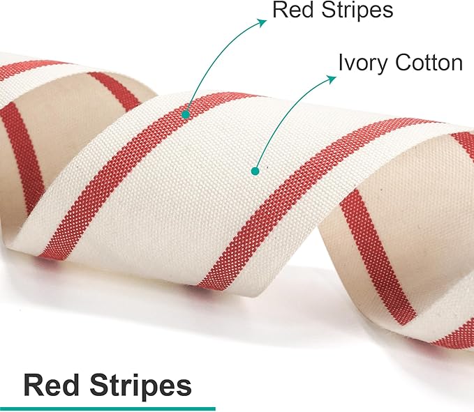 CT CRAFT LLC Ivory Cotton Red Stripes Ribbon 1" x 10 Yards for Home Décor Gift Present Wrapping DIY Crafts Birthday Wedding Bouquet Christmas