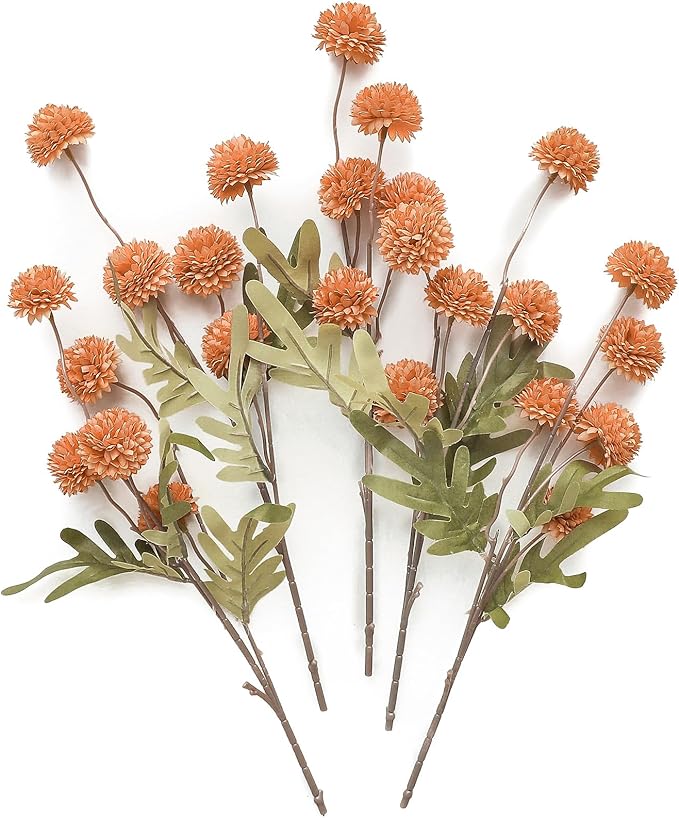 Floroom 5pcs Burnt Orange Faux Silk Mums Artificial Flowers, Bulk Fake Small Mini Chrysanthemums with Stems for DIY Terracotta Wedding Centerpieces Floral Arrangements Vase Fillers Home Decorations