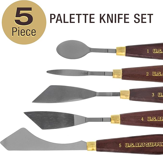 U.S. Art Supply 5-Piece Artist Stainless Steel Palette Knife Set - Wood Hande Flexible Spatula Painting Knives for Color Mixing Spreading, Applying Oil, Acrylic Paint on Canvas