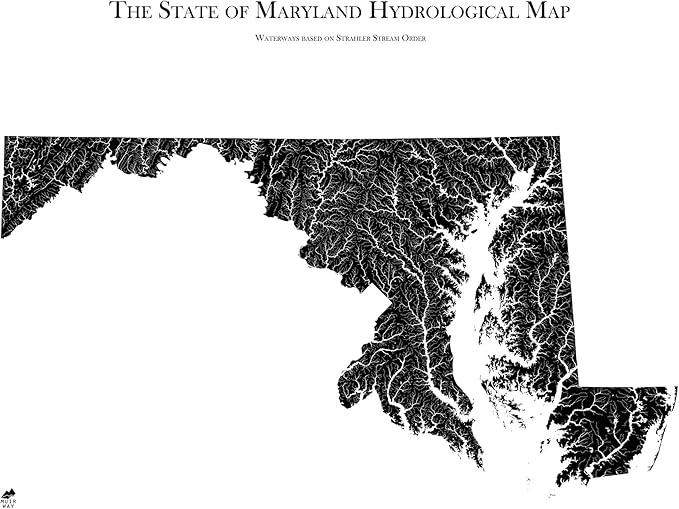 Muir Way Hydrological River Map of Maryland - Watershed Topographic Wall Art for Home, Office, or Travel Decor - Unframed Flat Paper Print, 24x30