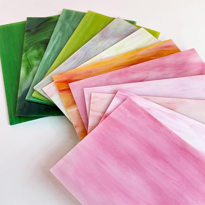 ILLUCKAI 12 Sheets Stained Glass Sheet Pink and Green Collection, 6 x 4 inch Stained Glass Mosaic Tiles for Stained Glass Projects Mosaic Crafts