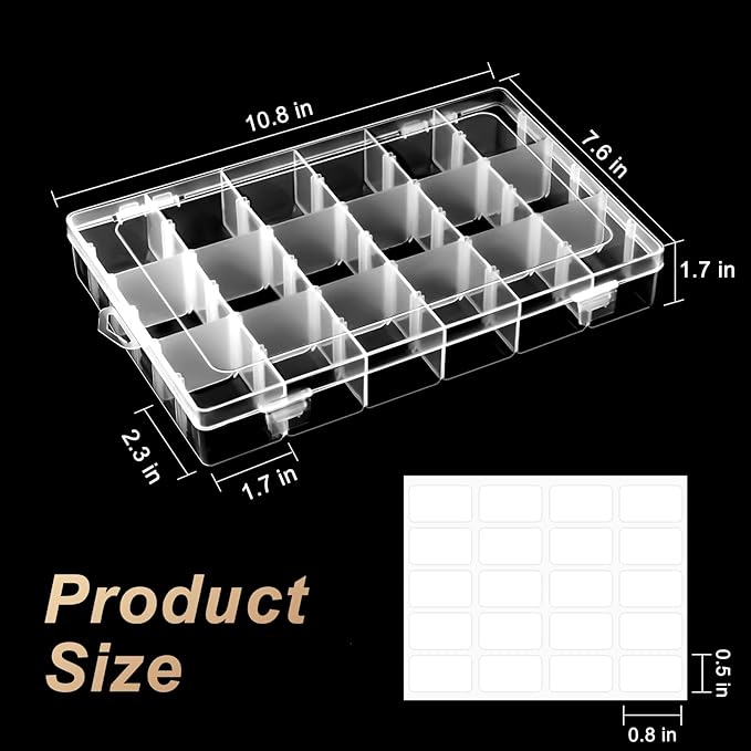 18 Grids Large Plastic Organizer Box with Adjustable Dividers, Clear Compartment Storage Container Tackle Box with Label Stickers for Beads, Crafts, Jewelries, Tools