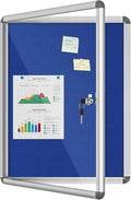 26"x20" Enclosed Bulletin Board, Lockable Weather-Resistant Aluminum Cork Noticeboard for School & Office, Silver Frame w/Blue Flet