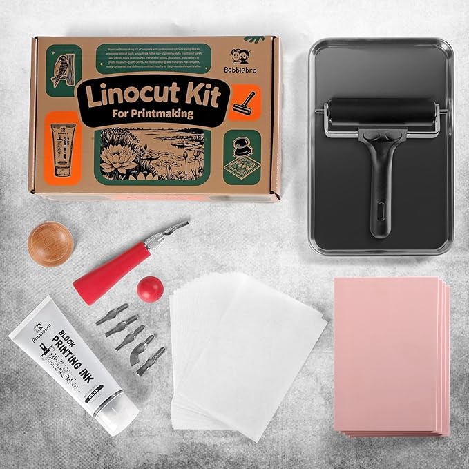 Linoleum Blocks for Printmaking, Stamp Carving Linocut Kit, Linocut Tools Block Screen Printing Kit with Cutters Carving Tools, Linocut Block, Printing Ink, Brayer Roller, Baren for Beginners DIY Gift