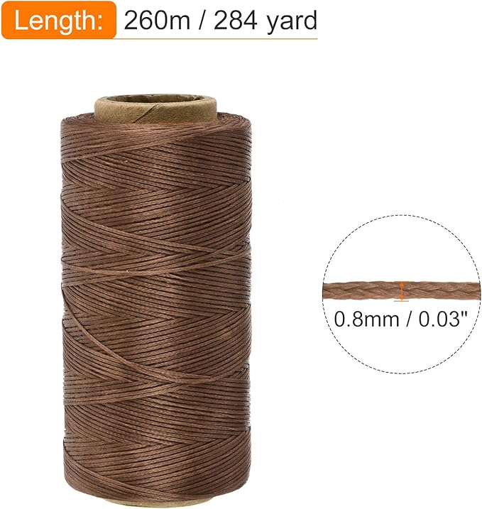 MECCANIXITY Waxed Thread,284 Yard 0.8mm 150D Flat Wax Thread Polyester Waxed String for Leather Sewing Hand Weaving Book Binding Home Decoration,Light Brown