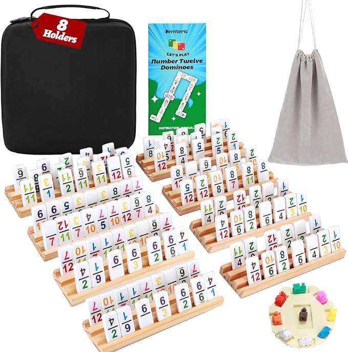 Mexican Train Dominoes Set Double 12 Colored Number Dominos with 8 Wooden Racks & 91 Tiles Portable Travel Case Classic Family Board Game Cognitive Strategy Game for Adults Kids