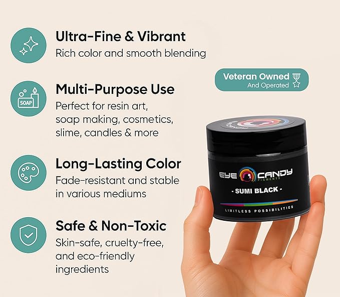 Eye Candy Pigments Premium Black Mica Powder - Sumi Black (50gr) - for Epoxy, Resin, Soap, Paint, Woodworking, Acrylic Pouring, Bath Bombs, Fishing Lures - DIY Arts and Crafts Additive