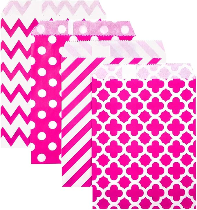 KEYYOOMY 200 Pcs Hot Pink Candy Buffet Bags - Small Polka Dot Paper Treat Bags for Wedding & Birthday Party (5 x 7 inch)