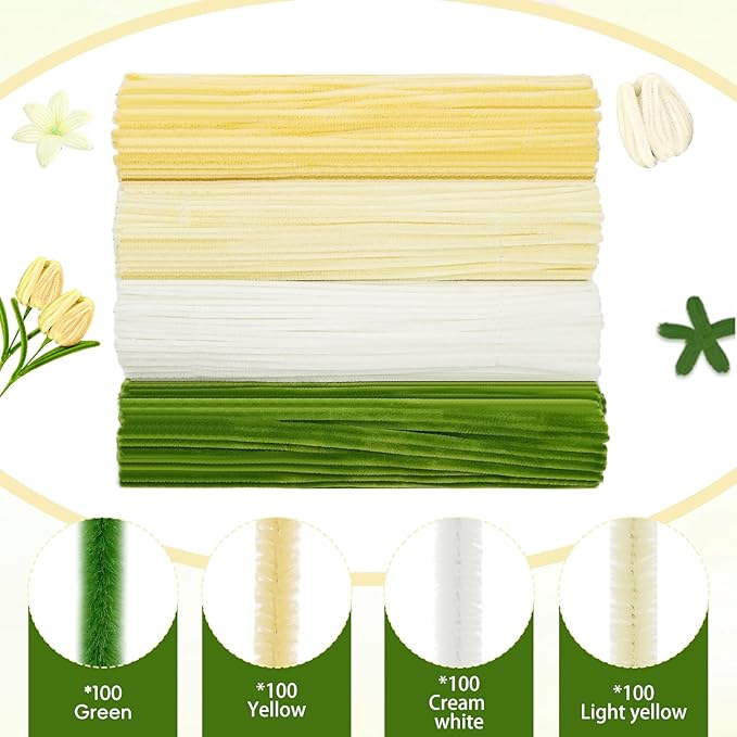 400 Pcs Pipe Cleaners Craft Set，4 Colors Chenille Stems Bulk with Floral Wires, Gardening Tape,Hot Glue Stick,Greeting Card,Bouquet Paper, Stamen & Ribbon, Flowers Craft kit for DIY Handmade Bouquet