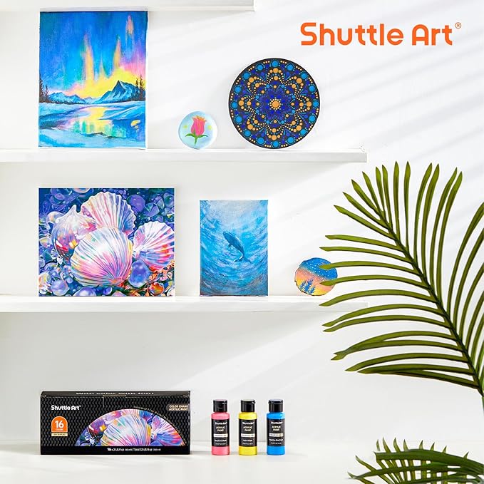 Shuttle Art Color Change Acrylic Paint Set, 16 Colors Chameleon Colors Acrylic Paint in Bottles (60ml/2oz), Non-Toxic for Artists, Beginners and Kids on Rocks, Crafts, Canvas, Wood, Fabric, Ceramic