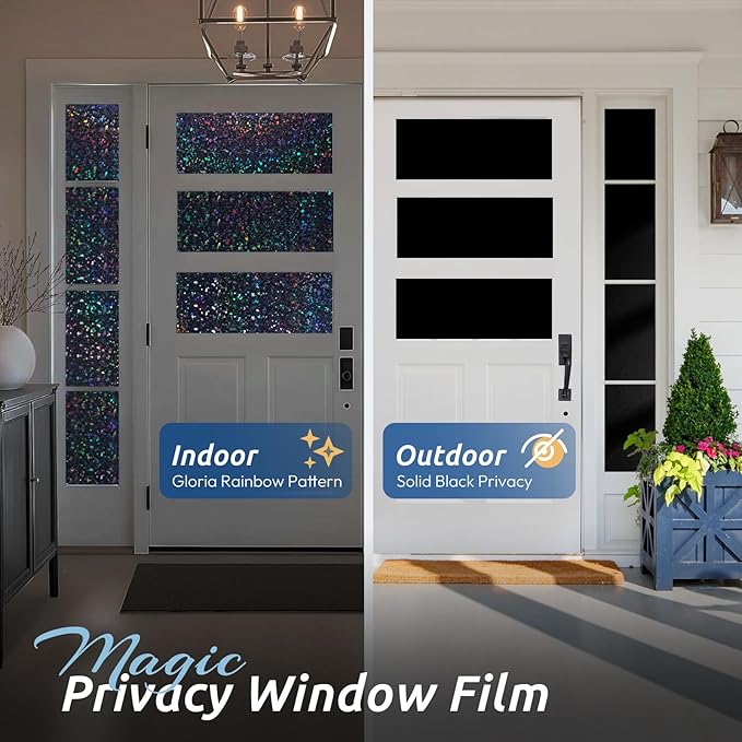 rabbitgoo Blackout Rainbow Window Privacy Film Decorative Stained Glass Diamond Pattern Window Sticker with Iridescent Tint Non-Adhesive Static Cling for Home Office Bathroom, 17.5 x 157.4 inch, Black