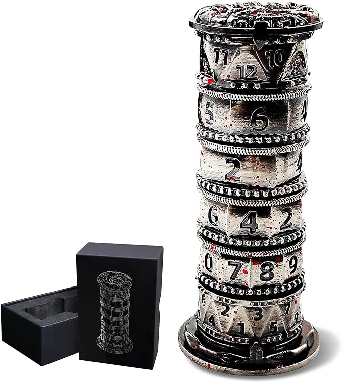 DND Dice Spinner Tower Set - Unique D4 D6 D8 D10 D10% D12 D20 All in One D&D Metal Dice - Cool Role Playing Gifts for Dungeons and Dragons TRPG MTG Games Lover Players (Tower-Bloodstained)