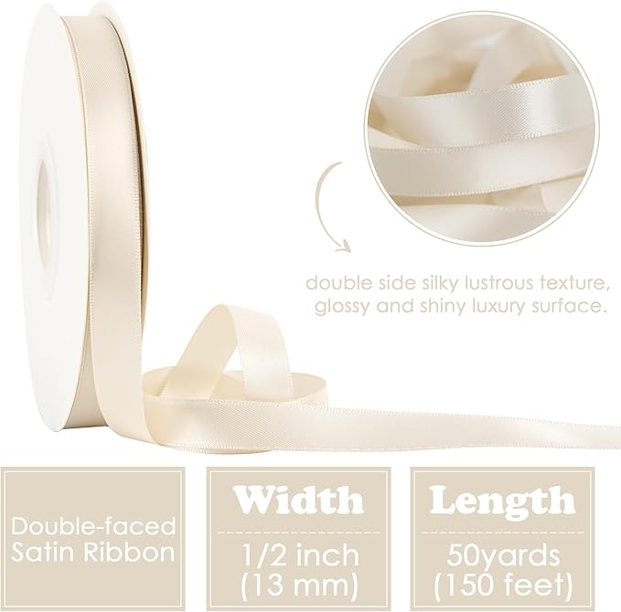 HUIHUANG Light Champagne Satin Ribbon 1/2 inch Continuous 50 Yards Double-Faced Satin Ribbon for Gift Wrapping, Bows, DIY Crafts, Flower Bouquet, Wedding Decor, Holiday Decor