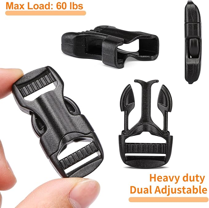 5/8" Buckle and Strap Set: 6 Yards of Thick Nylon Webbing, 6 Pack Quick Side Release Adjustable Plastic Buckles, 12 Tri-Glide Slide Clips, Black (5/8" Combo Set)