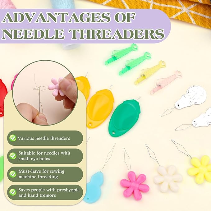 KAQRHFT 50 PCS Needle Threaders, Fish Mouth Sewing Machine Needle Threader, 5 Types Simple Needle Threader Tool for Needle Work, Sewing Machine, Embroidery Floss with Clear Storage Box