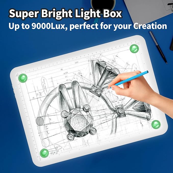 Zocelight Rechargeable A4 Tracing Light Box with Padded Case,Ultra Bright Led Light Pad with Physical Button,Wireless Light Board for Diamond Painting,Dimmable 9000LUX Lightbox for Tracing and Drawing