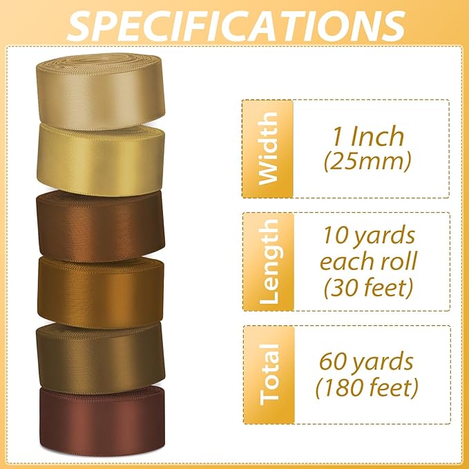 1 Inch Brown Satin Ribbons for Crafts, 6 Rolls Single-Faced Brown Assorted Ribbons for Gift Wrapping Flower Bouquet Wedding Invitations Bridal Shower Hair Bows Garland Party Decor