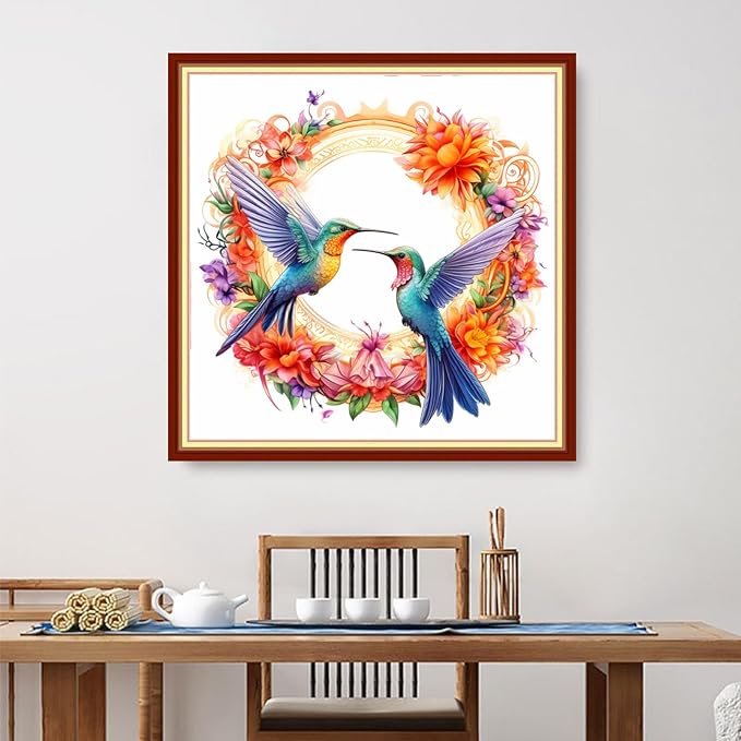 Foxdiviy Stamped Cross Stitch Kits for Beginners Full Range of Cross Stitching 11 CT Printed Cross Stitch Kits for Kids Adults Cross Stitch Patterns Needlepoint Kits-Hummingbird Wreath 18x18 inch