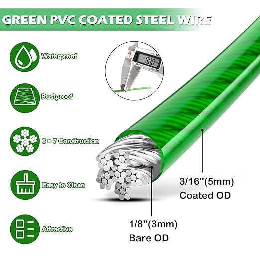 M6 Turnbuckles for Cables Wire, 3/16" Green PVC Coated Wire Rope Kit, Multi-use Steel Cable for Grape Vines/Clothes Line Outdoors for T Post/String Light Hanging/Garden Wire