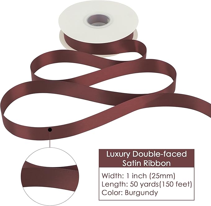 HUIHUANG Burgundy Satin Ribbon 1 inch x 50 Yards Dark Burgundy Double-Faced Polyester Ribbon for Gift Wrapping, Wedding Invitations, Hair, Bows Making, Christmas Holiday Decor, Floral Arrangement