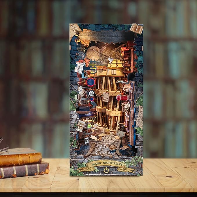 DIY Book Nook Kit,Dollhouse Booknook Bookshelf Insert Decor,3D Wooden Puzzles with LED Dust Cover,Book Nook Miniature Kit,Birthday Halloween Home Decor for Teen Adult-Magic Night Alley