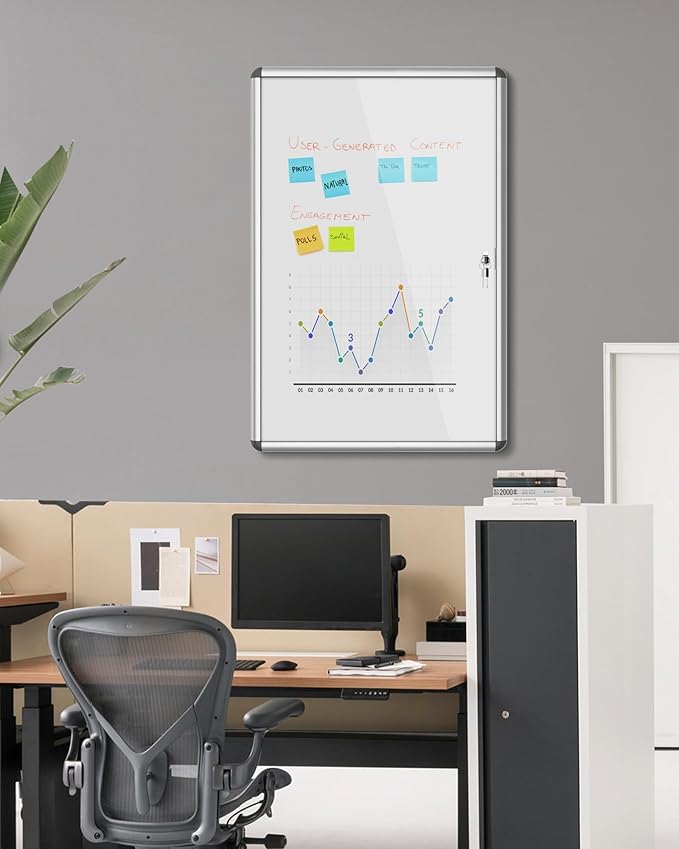 36"x24" Enclosed Bulletin Board, Lockable Weather-Resistant Aluminum Noticeboard for School & Office, Silver Frame w/Magentic Whiteboard