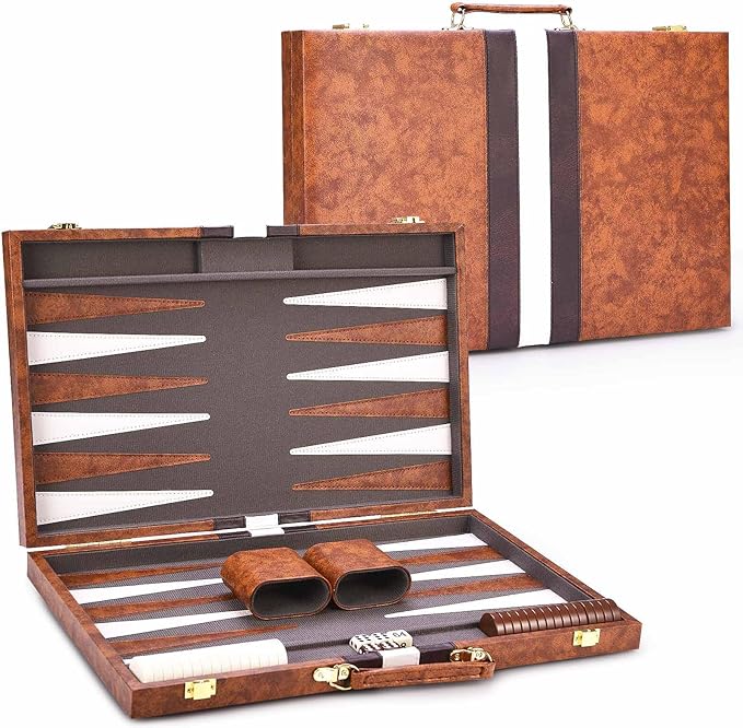 AMEROUS Backgammon Set, 18 Inches Classic Board Game withLeather Case, Folding Board, Gift Package, Portable Travel Strategy Backgammon Game Set for Adults, Kids (Large, Brown)