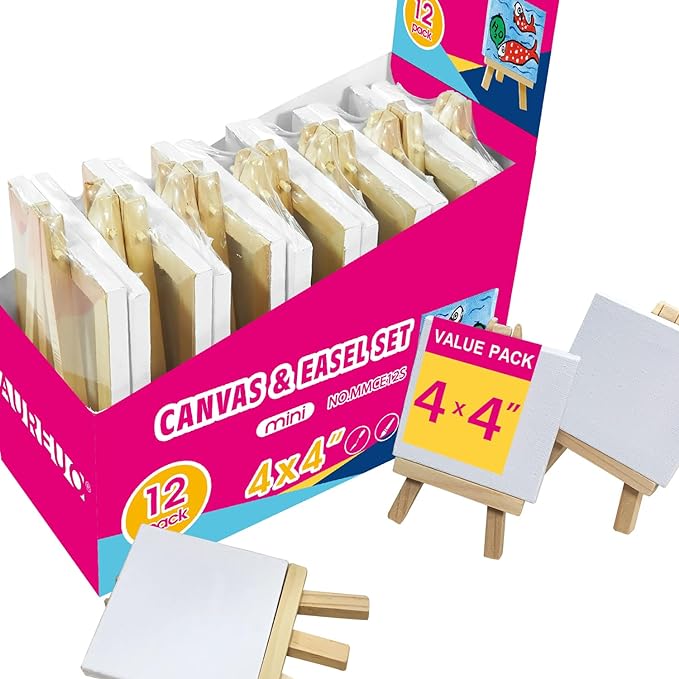 AUREUO Mini Canvas and Easel Set - 4x4 Inch/ 12 Pack - 2/5 Inch Profile Small Square Canvas with Display Stand - Art Gift Set Bulk Pack Canvases for Acrylic Painting & Craft