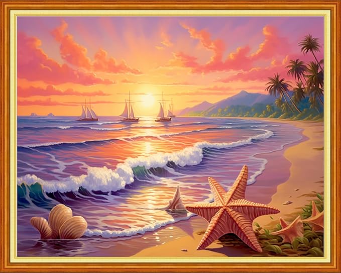 Magxvouy Cross Stitch Kits Stamped Full Range of Embroidery Kits,Cross Stitch Patterns Needlework Kits for Beginners 11CT Printed Kits&Sunrise by The Sea 16x20 inch