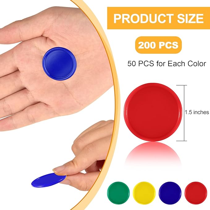 Coopay 1 1/2 Inches Plastic Poker Chips Learning Counters Disks Bingo Chip Counting Discs Markers for Math Practice and Poker Card Game Tokens, Teaching Rewards, 200 Pieces (Red, Green, Blue, Yellow)