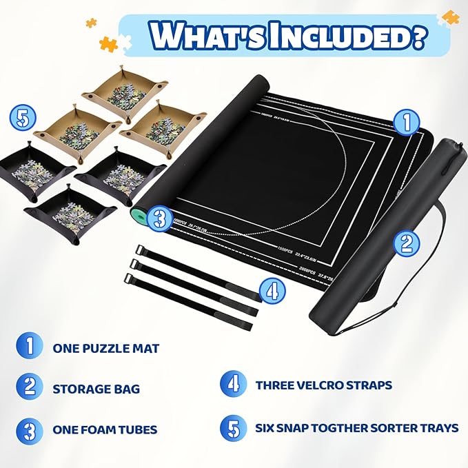 Jigsaw Puzzle Mat Roll Up, Portable Saver Pad 53” x 35” Up to 3000 Pieces, Puzzle Matt Rollup with Non-Slip Rubber Bottom & Smooth Top. (6 Sorting Trays & 1 Storage Bag)
