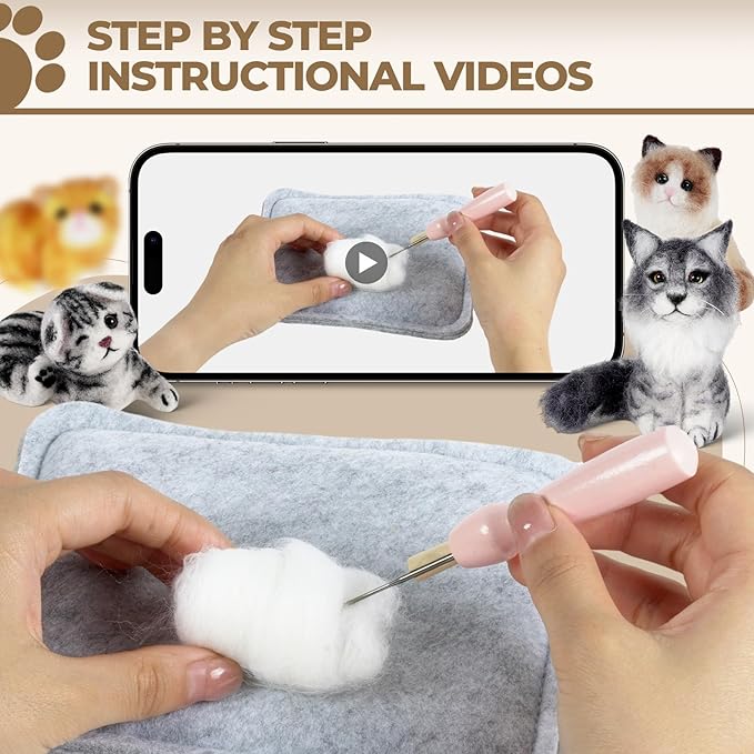 MOREJMTT Needle Felting Kit, 6 PCS Animal Needle Felting Beginner Kits, Wool Felt Needle Felting Tools Foam Pad, Craft Party Supplies for Beginners Adult(Cat Family)