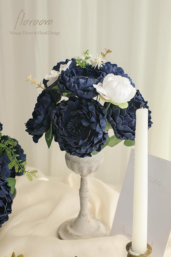 Floroom Artificial Flowers 16pcs 4" Navy Blue Blooming Peonies Real Looking Foam Fake Peony with Stems for DIY Wedding Bouquets Bridal Shower Centerpieces Floral Arrangements Party Tables Decorations