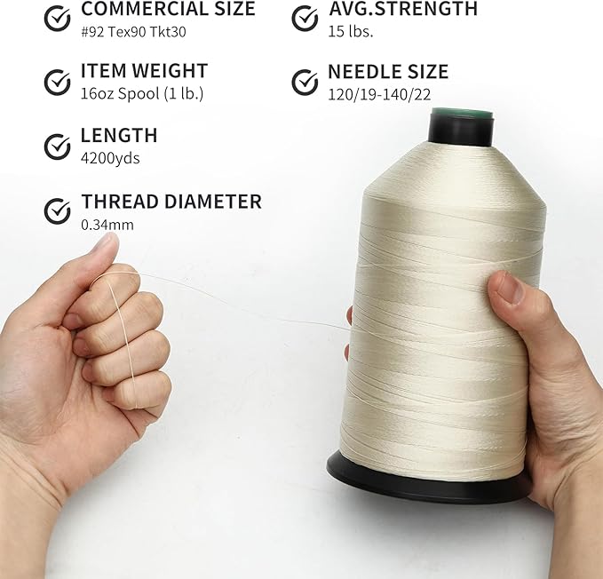 Extra Strong Bonded Nylon Thread #92 Tex90 – 16 OZ, 4200yds, Versatile Stitching Solution for Leather, Upholstery, Canvas Repair and More (Beige)