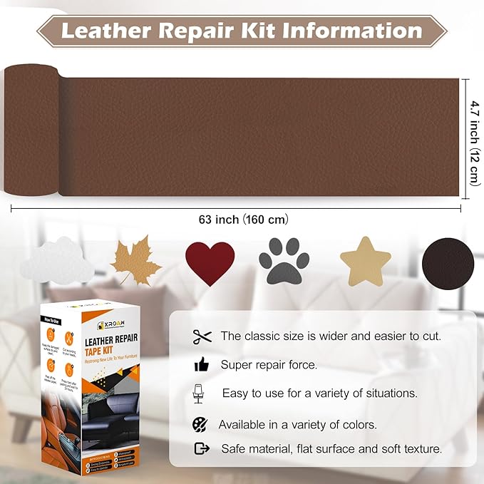 Leather Repair Tape, 4.7x63 inch Leather Patches for Furniture, Self Adhesive Leather Repair Patch for Sofas, Couches, Leather Covers, Seats, Chairs, Vinyl Repair Tape White