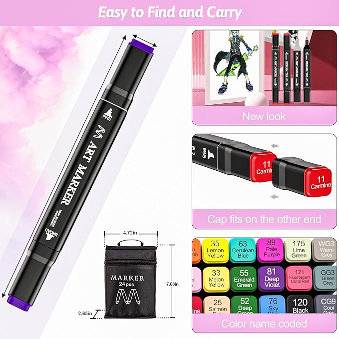 Banral Alcohol Markers, 24 Colors Dual Tip Alcohol Based Art Marker Set for Artists Adults, Permanent Drawing Pens for Adult Coloring Sketching Illustration