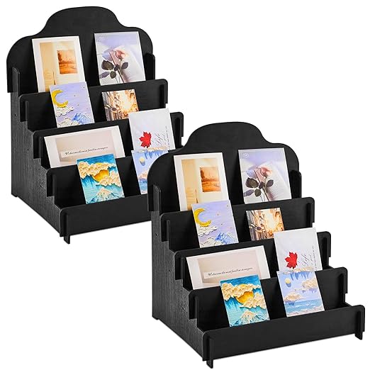 Barydat 2 Pcs 4 Tier Greeting Card Display Stand Wooden Sticker Display Stand Portable Card Display Rack for Vendors Retail Counter Table Display Trade Shows Showcase (Black,11.8 Inch)