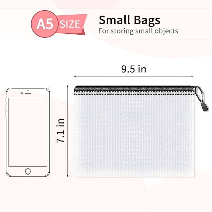 Umriox Small Zipper Pouch, 9.5x7.1 in (Black, 12 Packs), Mesh Bags with Zipper for Office Supplies Travel Accessories