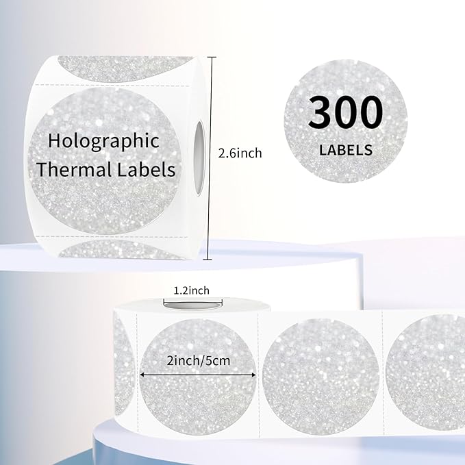 2" Circle Holographic Thermal Label Stickers, Round Printable Rainbow Glitter Thermal Printer Sticker Labels for Gift Wrapping, Self-Adhesive Name Price Tag DIY Custom Logo Design-Shiny Silver