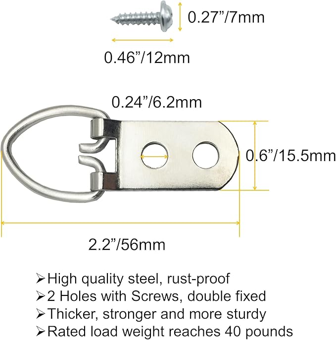20 Pack D-Ring Steel Picture Hangers Heavy Duty with Screws Picture Frames Double Holes Clasp Picture Hang Solutions, for Hanging Clock Paintings Artwork Picture Frame Hook Photos Mirrors