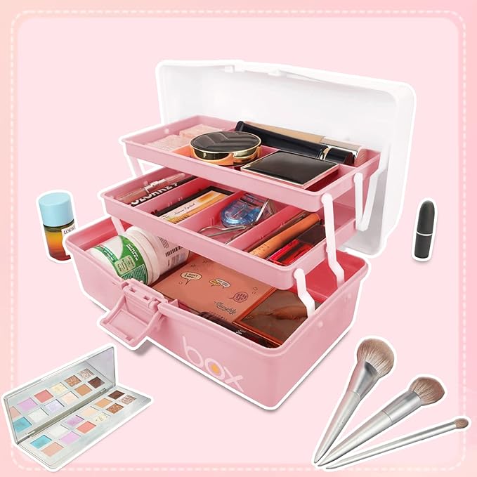 12in Three-Layer Multipurpose Storage Box Organizer Folding Tool Box/Art & Crafts Case/Sewing Supplies Organizer/Medicine Box/Family First Aid Box with 2 Trays (White Pink)
