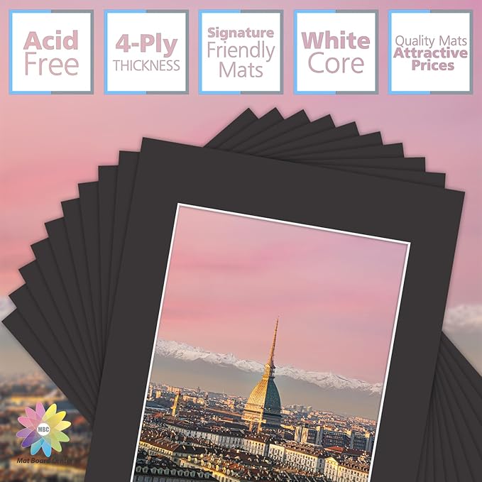 MBC Mat Board Center, 10 Pack 12x16 for 9x12 Black Picture Mats Frame Mattes, Bevel Cut, Acid Free, 4-ply Thickness
