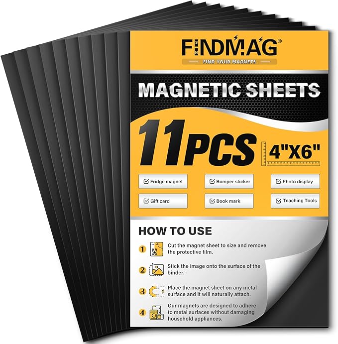 FINDMAG Magnetic Sheets, 11 Pack, 4" x 6" Magnet Sheets with Adhesive Backing, Cut and Customize Flexible Self Adhesive Magnetic Sheets for Picture, Photo, Craft and DIY