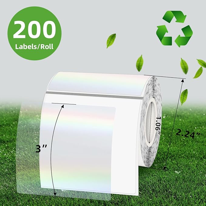 3 Inch Square Transparent Thermal Label Stickers, Holographic Clear Self-Adhesive Direct Thermal Labels, Perforation Line Design& Waterproof- 200 Sheets