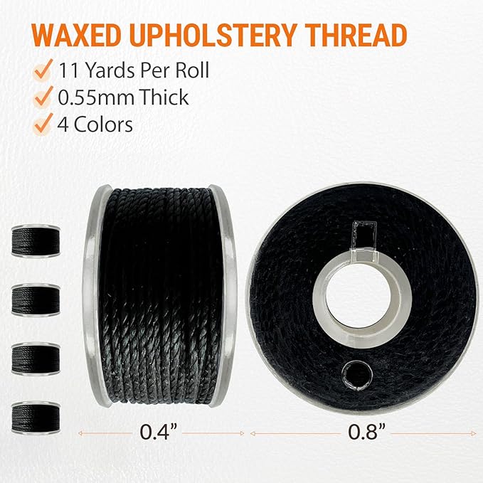 VONEEDL Heavy Duty Sewing Needles (11 PCS) & Waxed Thread (Black Color - 4 Rolls) - Upholstery Repair Kit for Leather, Canvas, Quilting & More