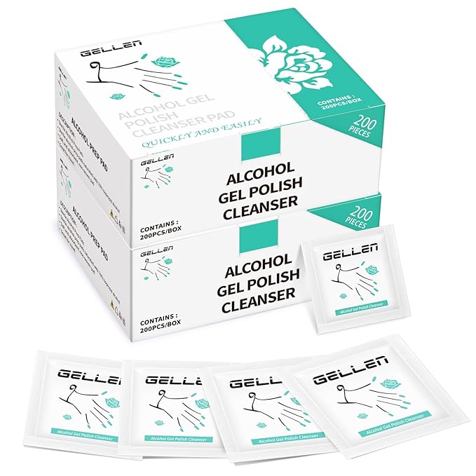 Gellen 400 Pack Nail Cleanser Pads, Alcohol Pads for Nails, Individually Wrapped Nail Prep Pads, Lint-free Tacky Layer Residue Remover Wipes for Acrylic & Builder Gel Polish Press-ons