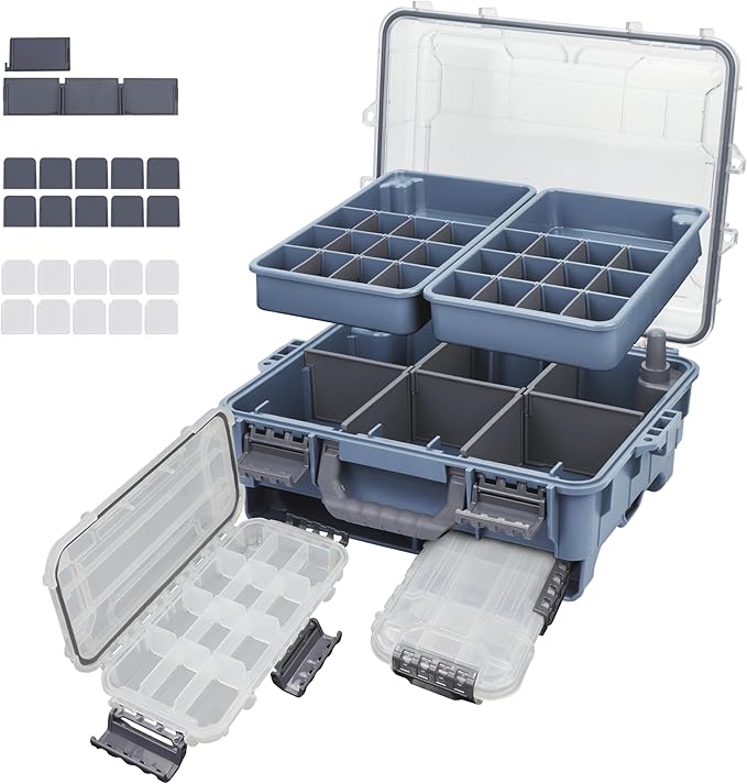 RUNCL Universal Fishing Tackle Box with Two Small Tackle Tray, Removal Inside Design Waterproof Trunk Storage Box, Thicker Floating Airtight Stowaway, Xmas Surprise Fishing Gifts for Men Women