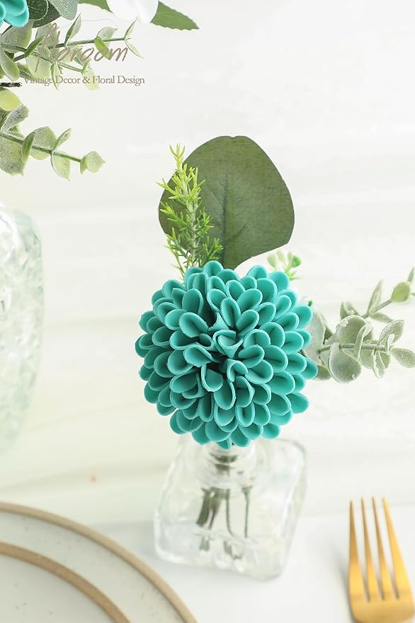 Floroom Artificial Dahlia Flowers 25pcs Real Looking Teal Green Foam Fake Roses with Stems for DIY Wedding Bouquets Bridal Shower Centerpieces Floral Arrangements Party Tables Home Decoration