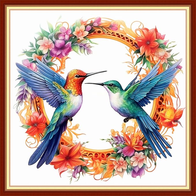 Foxhool Beginners Cross Stitch Kits Stamped Full Range of Embroidery Kits for Adults DIY Cross Stitches kit Embroidery Patterns for Needlepoint kit-Hummingbird Wreath 18x18 inch